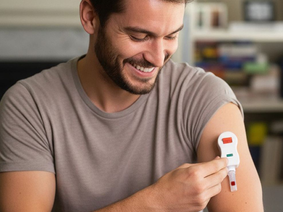 Smiling man in a t-shirt reviewing an at-home blood-test kit in his kitchen